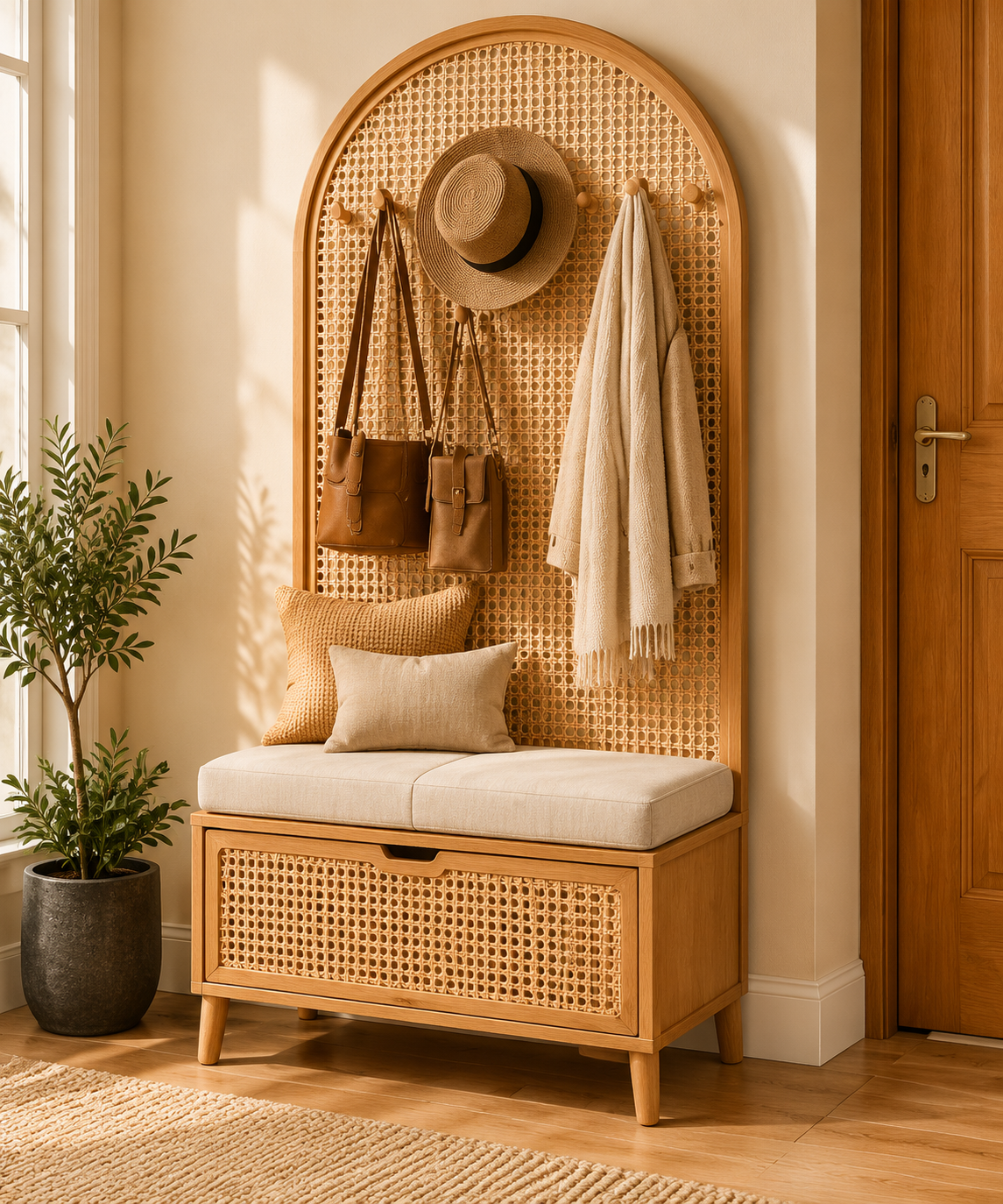 Rattan Bench Entryway Coat Rack
