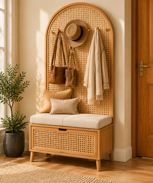 Rattan Bench Entryway Coat Rack